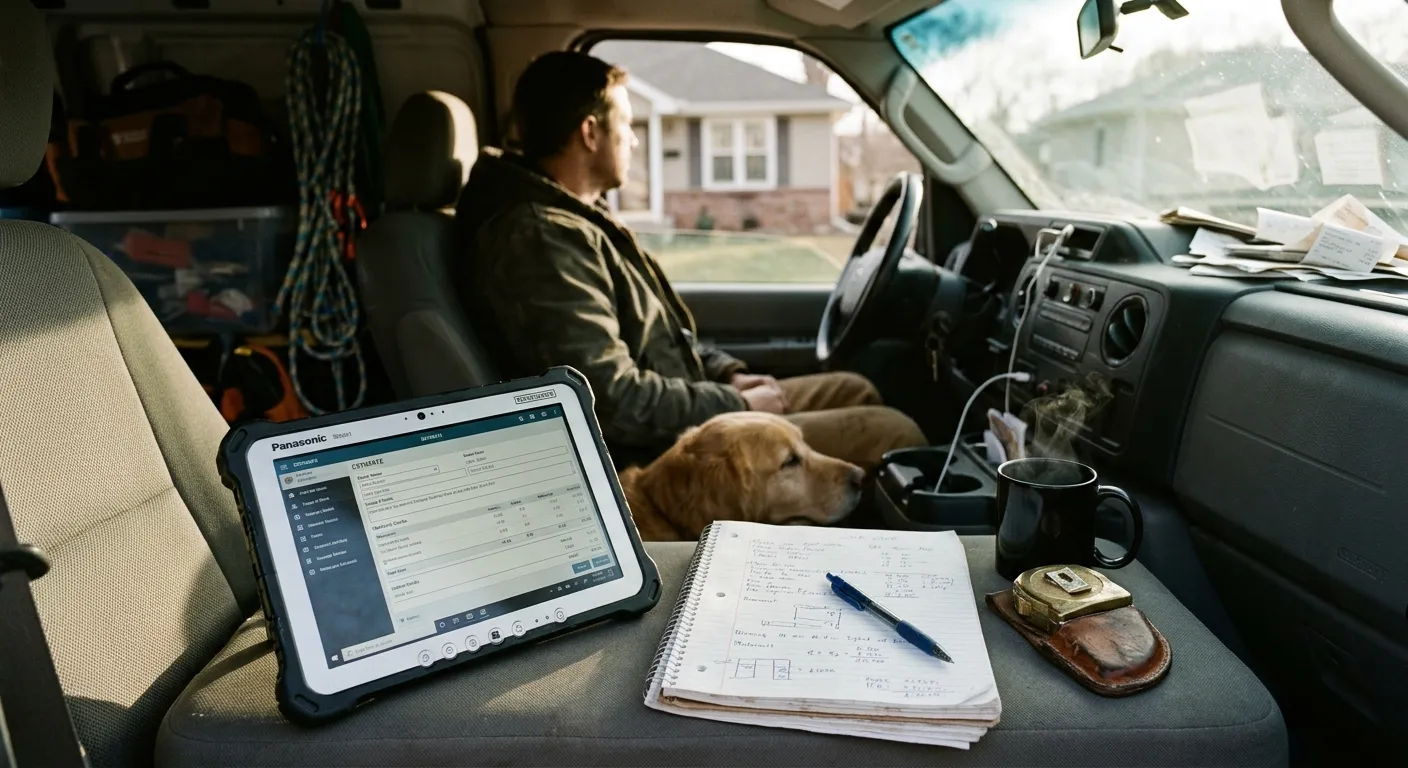Trade contractor evaluating digital quote parameters on site
