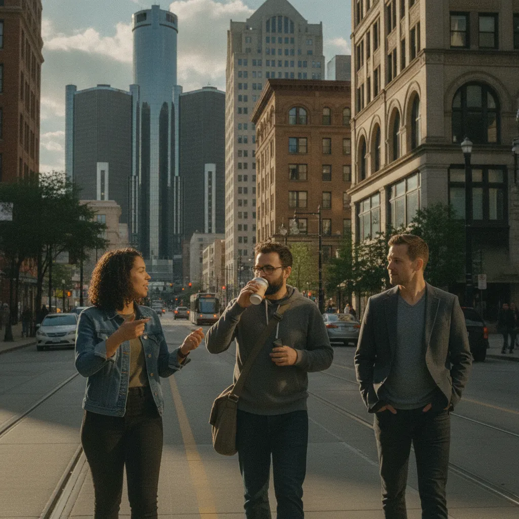 Detroit skyline at sunset, with modern tech buildings prominent, symbolizing growth and maturity.