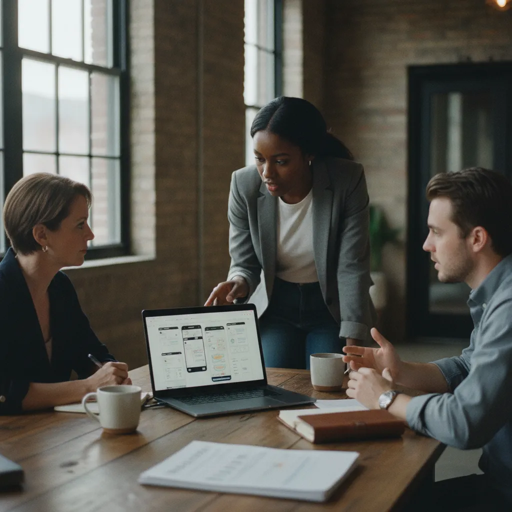 A Detroit founder in a meeting with a local digital agency team, reviewing a project on a laptop