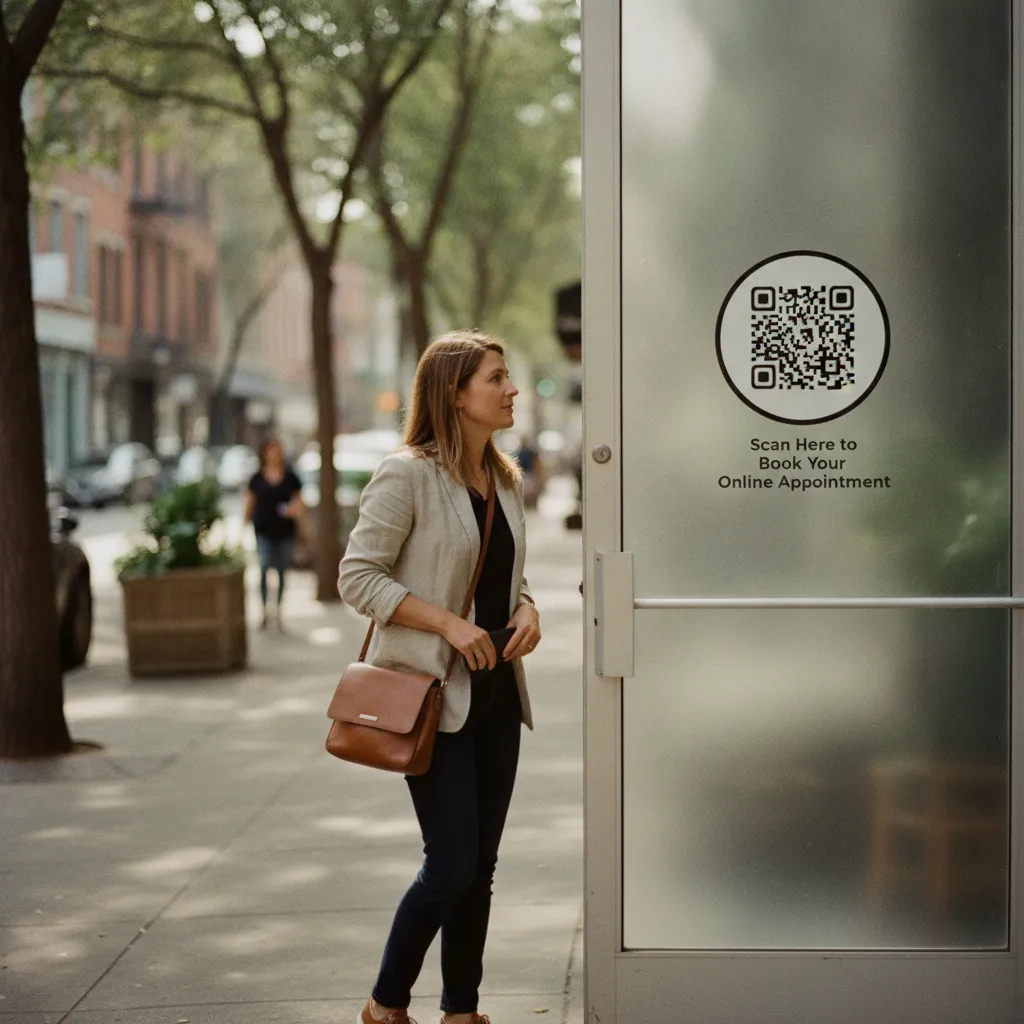 A person using a smartphone to scan a QR code on a storefront window in a vibrant Detroit neighborhood.