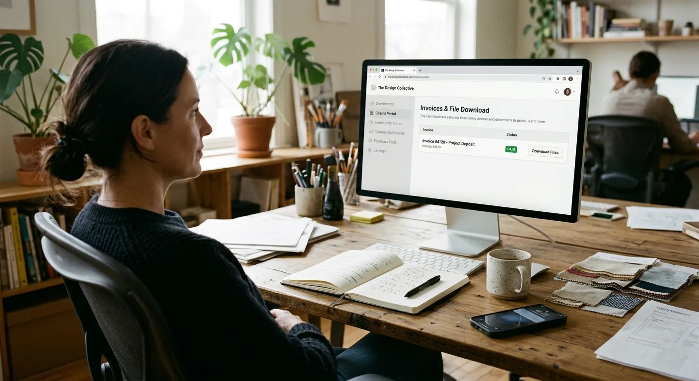 Clean customer portal design displaying financial summaries and document hubs without bloat