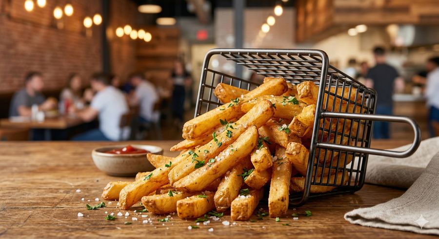 A tipped fryer basket of skin-on fries with herbs and sea salt.