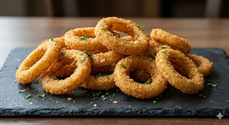 A stack of thick beer-battered onion rings on a slate board.