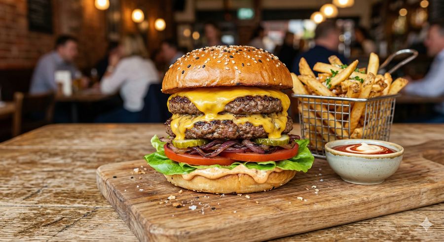 The Shack Stack: two smashed chuck patties with melted cheddar, lettuce, tomato and pickles on a toasted potato bun.