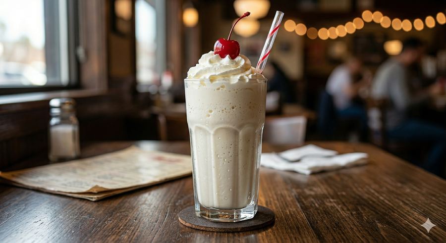 A tall hand-spun vanilla milkshake with whipped cream, a cherry and a paper straw.