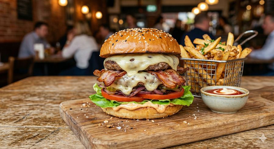 The Smokehouse Swiss: a burger with melted Swiss cheese, thick-cut bacon, lettuce and tomato on a sesame bun.