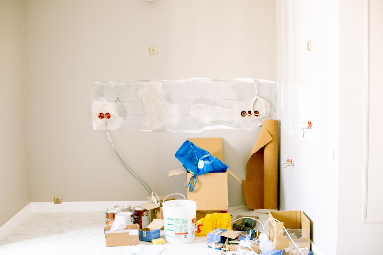 Framing and rough openings in a room under construction.