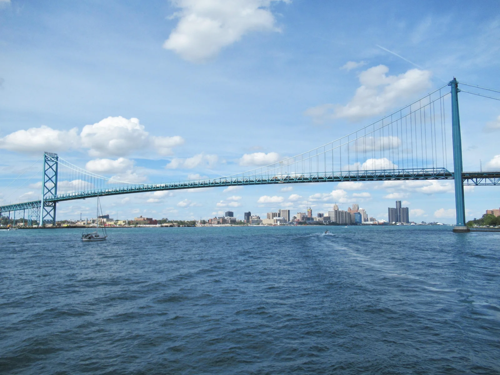 The Ambassador Bridge over the Detroit River, with downtown in the distance.