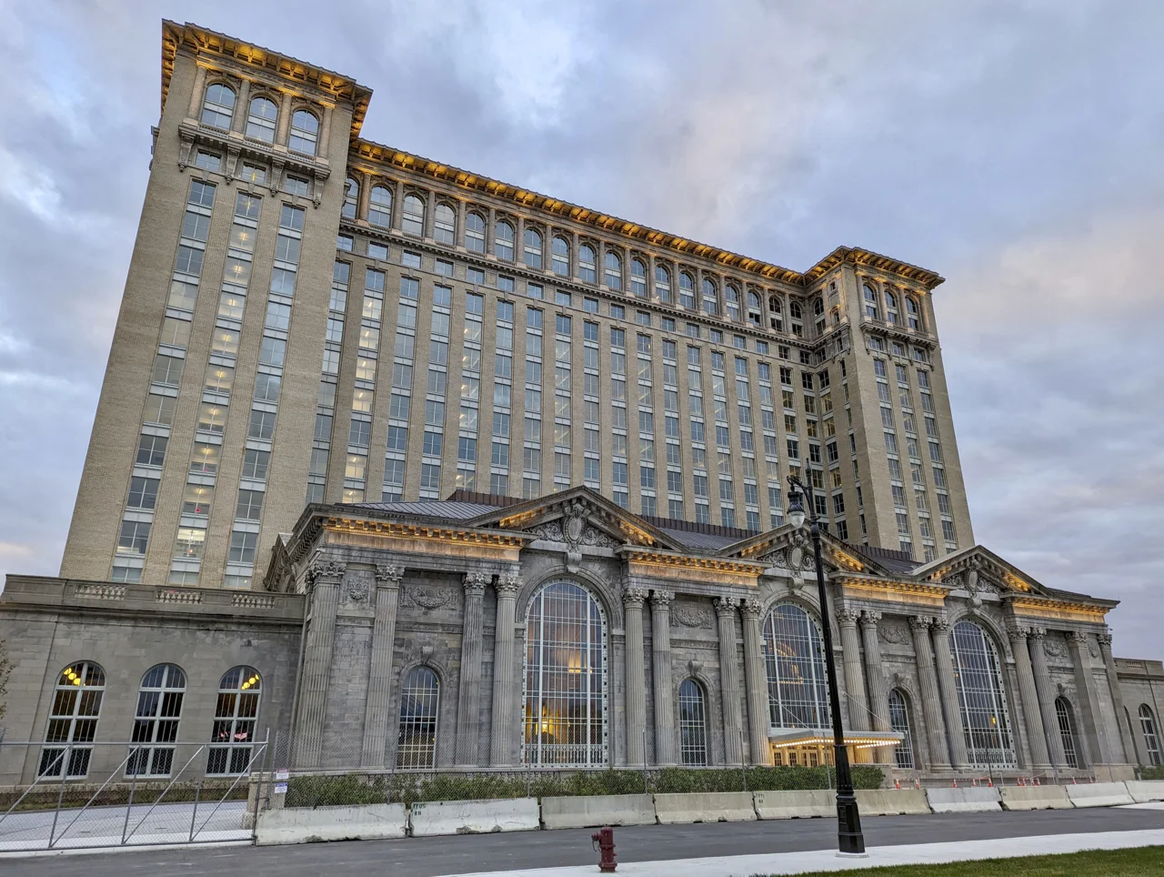The restored Michigan Central Station, photographed from Roosevelt Park.