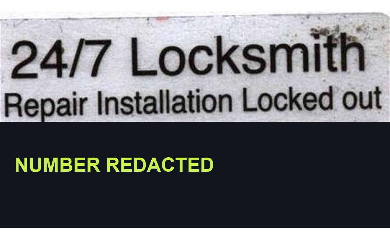 A weathered sticker on a lamp post reading twenty-four seven locksmith, repair, installation, locked out, above a phone number that has been blacked out.