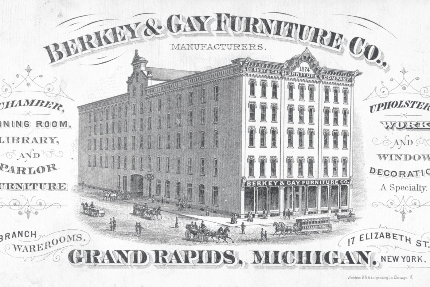 A nineteenth-century engraved advertisement for the Berkey and Gay Furniture Company, showing their five-story warerooms with horse-drawn wagons outside