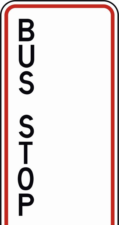 A vertical enameled BUS STOP sign, black lettering on white inside a red border.