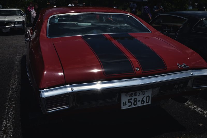 Show: Rear three-quarter. The stripes run over the deck lid in one unbroken pair.