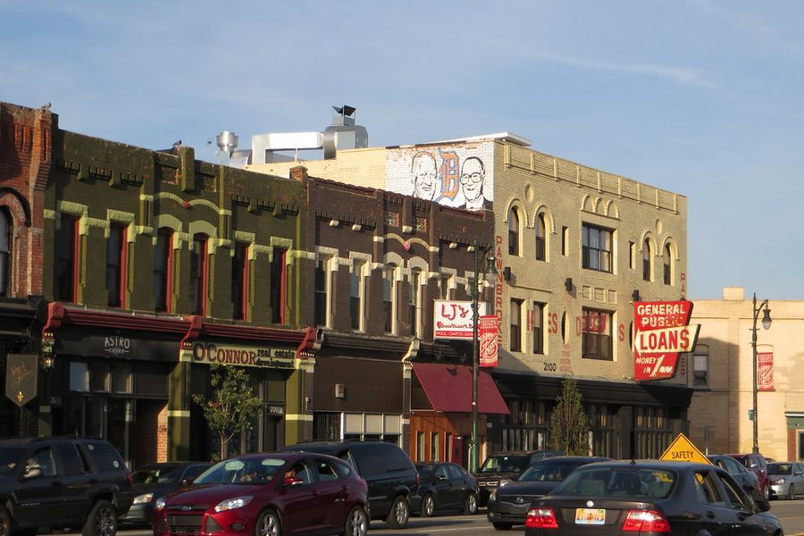 A block of nineteenth-century storefronts in Corktown, Detroit.