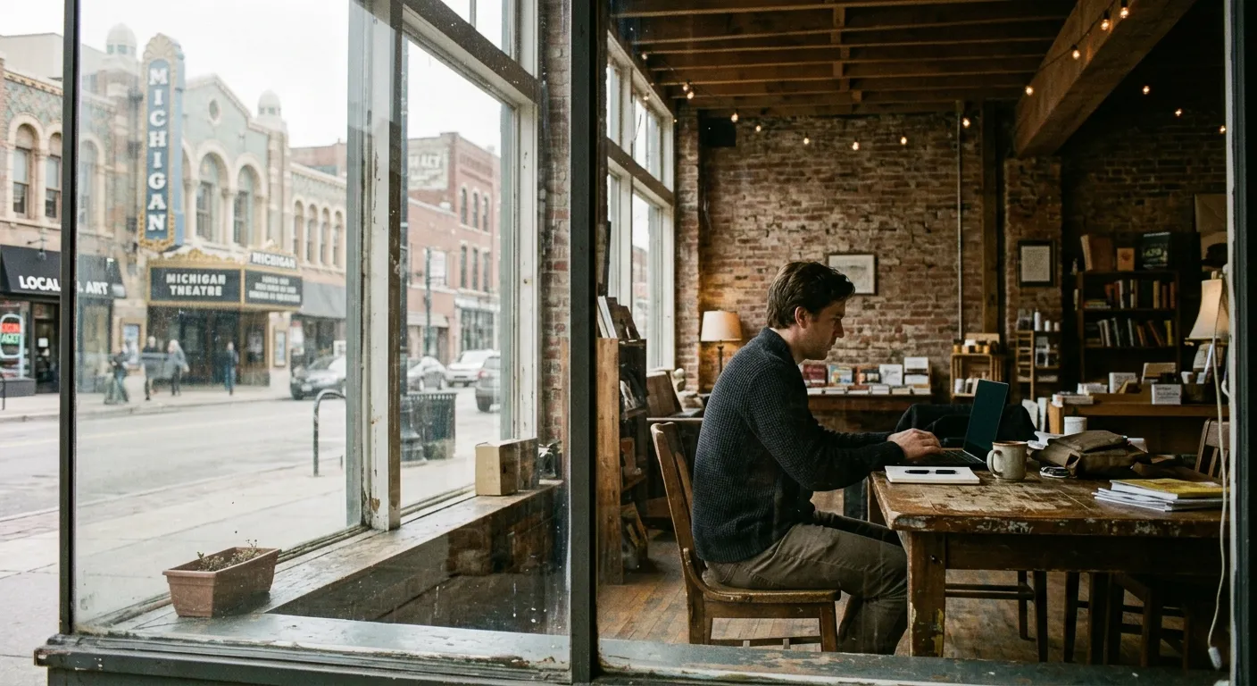 Cybersecurity lock overlaying a modern Detroit storefront laptop