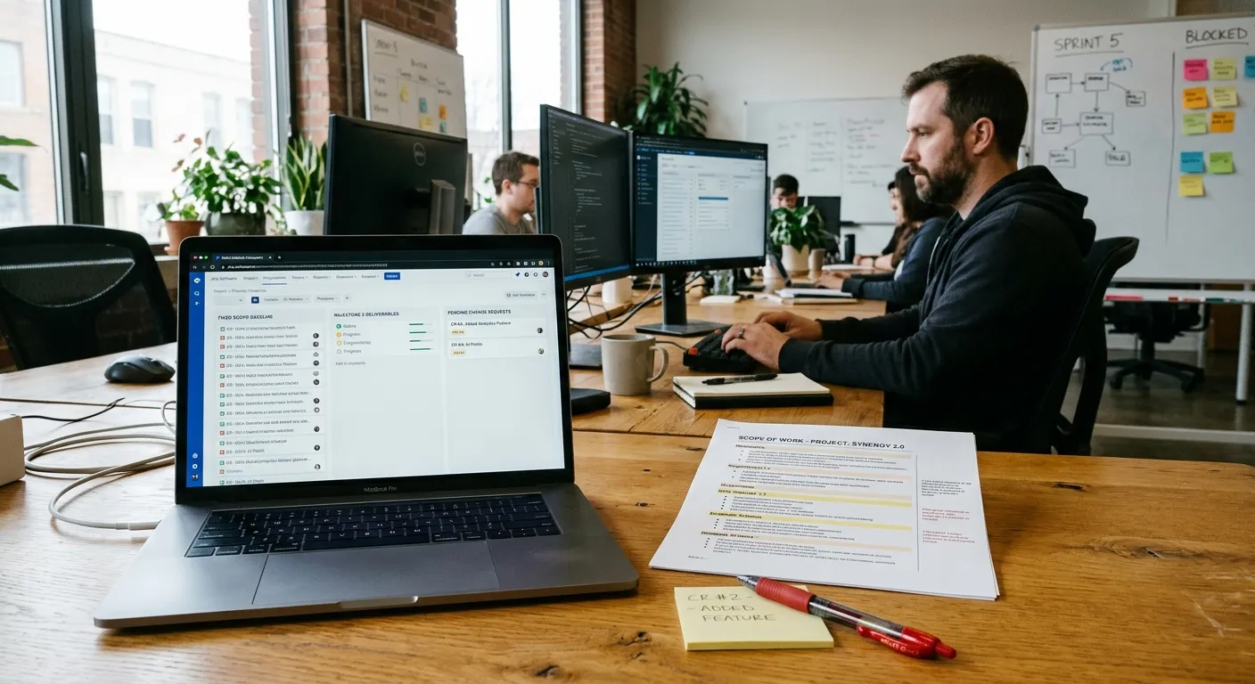 Developers and project managers reviewing fixed-price software build scopes and code architecture