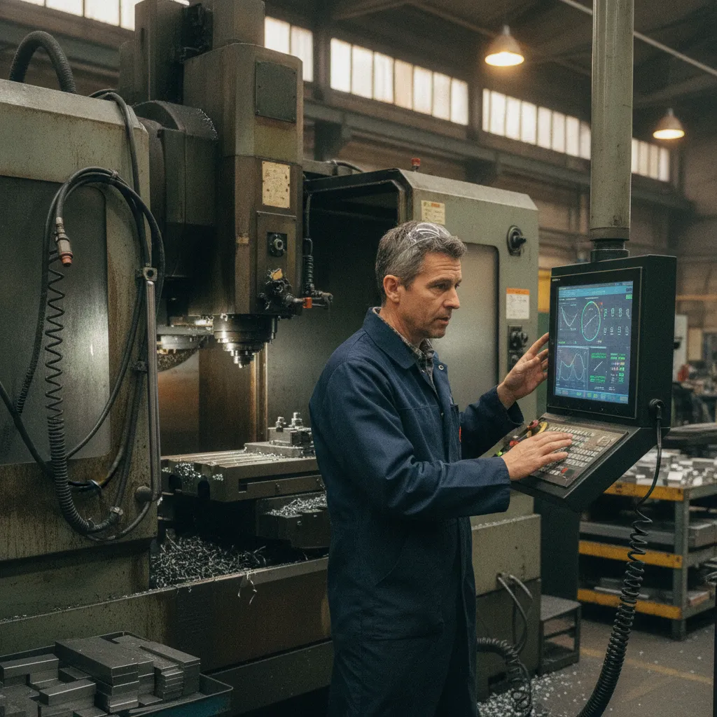 A modern manufacturing facility in Detroit using digital dashboards to monitor production data, showing both machinery and digital interfaces.