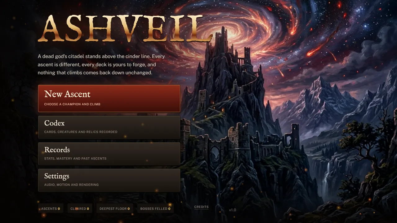 Ashveil title screen, the citadel under a burning sky
