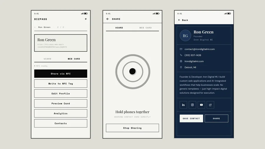 BizPass — home, NFC share, and the web card a recipient opens