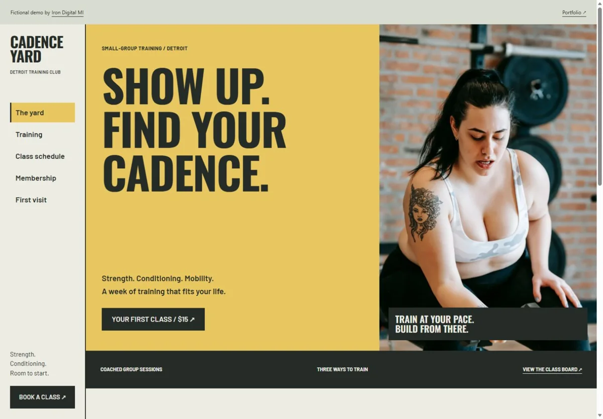 Cadence Yard desktop homepage. The side navigation separates training, the class schedule, membership, and first-visit information.