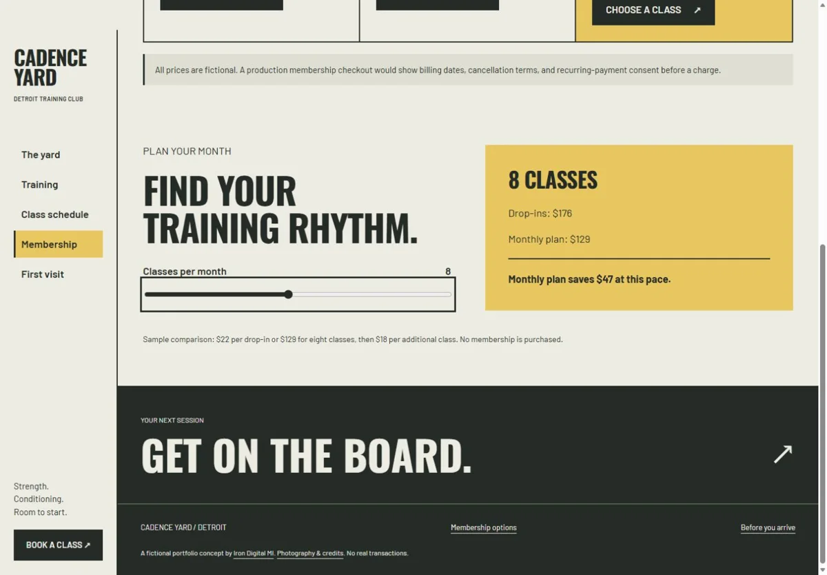 Cadence Yard workflow. The membership page includes an interactive comparison based on a sample training frequency.