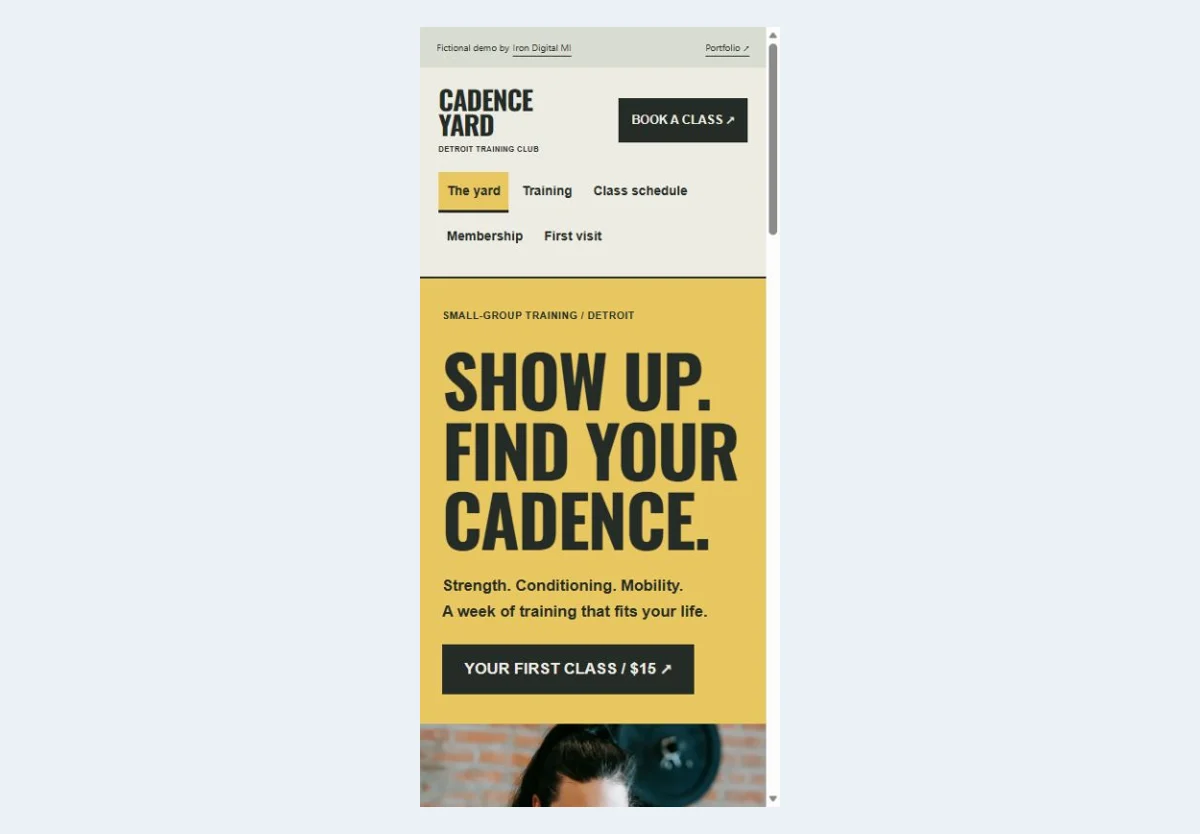 Cadence Yard mobile homepage with its primary action.