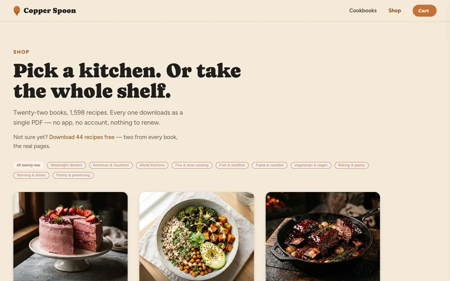 The Copper Spoon shop, headed Pick a kitchen. Or take the whole shelf.
