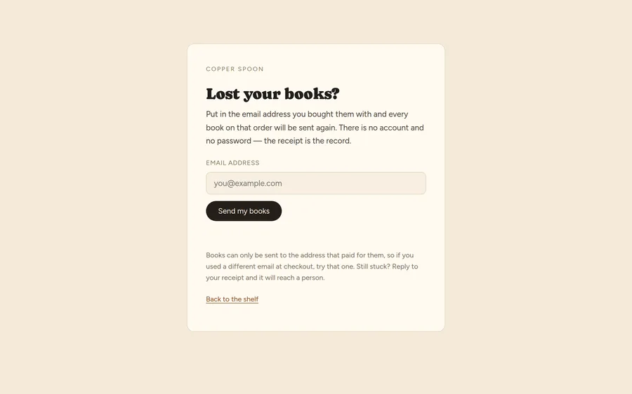 The Lost your books page, which re-sends download links to the purchase email