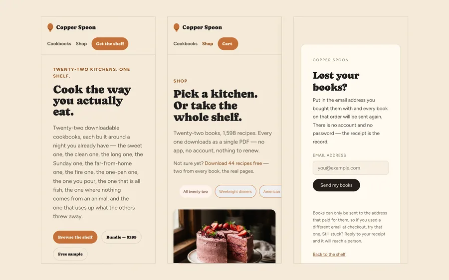 Copper Spoon mobile homepage, shop and book re-send views