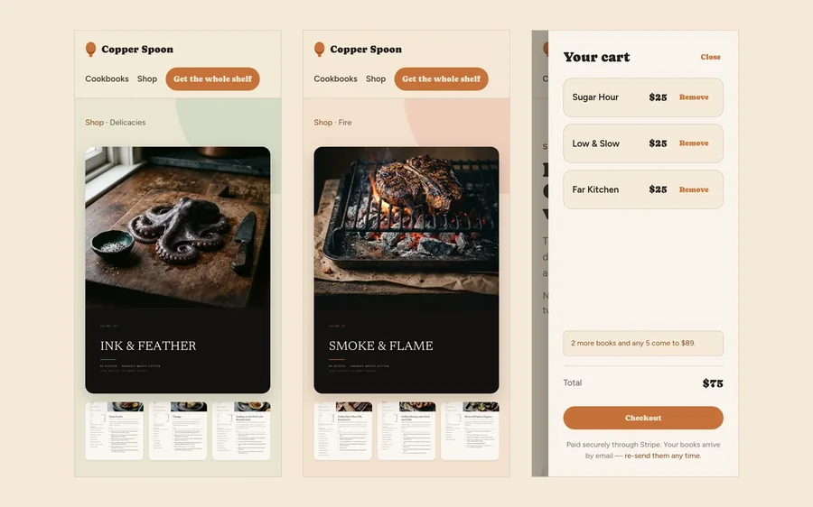 Copper Spoon on a phone: two book pages and the cart drawer