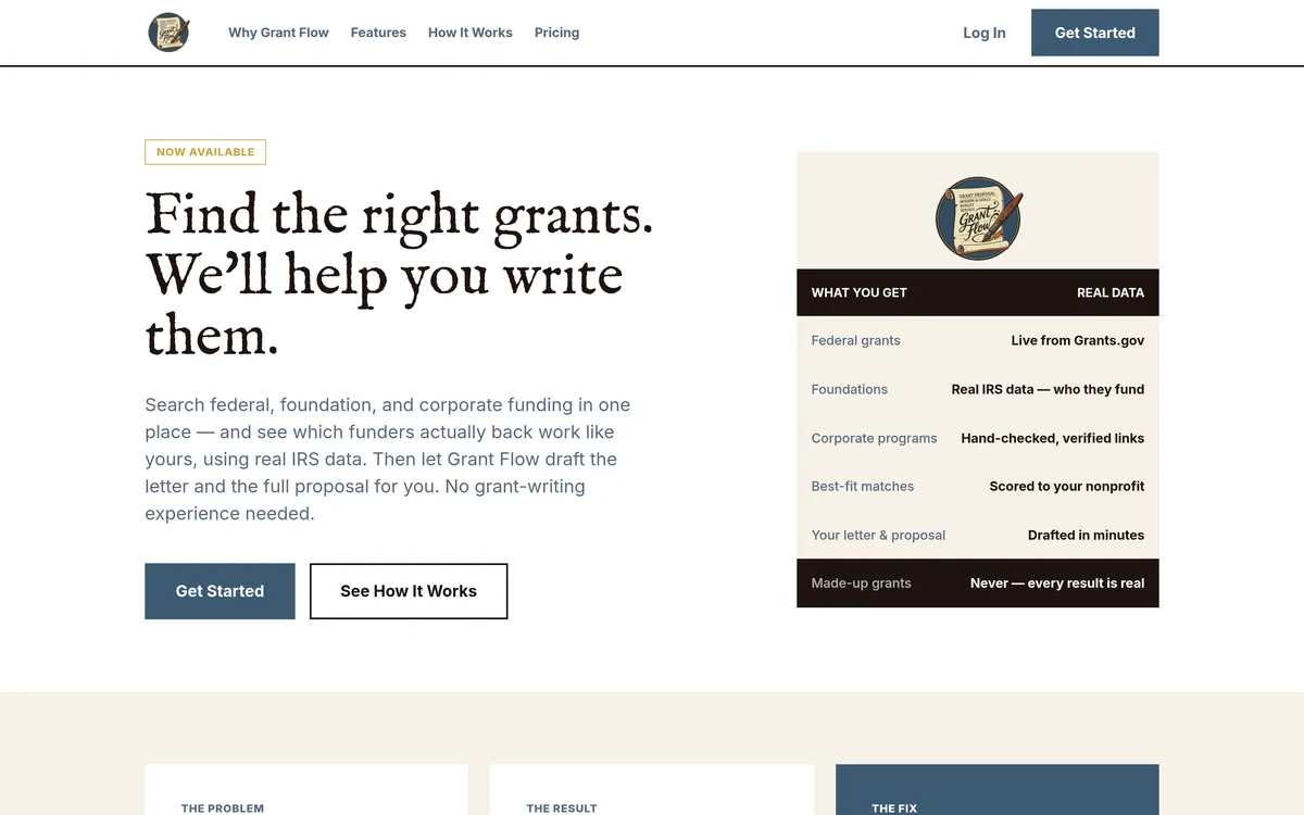 Grant Flow homepage — find the right grants