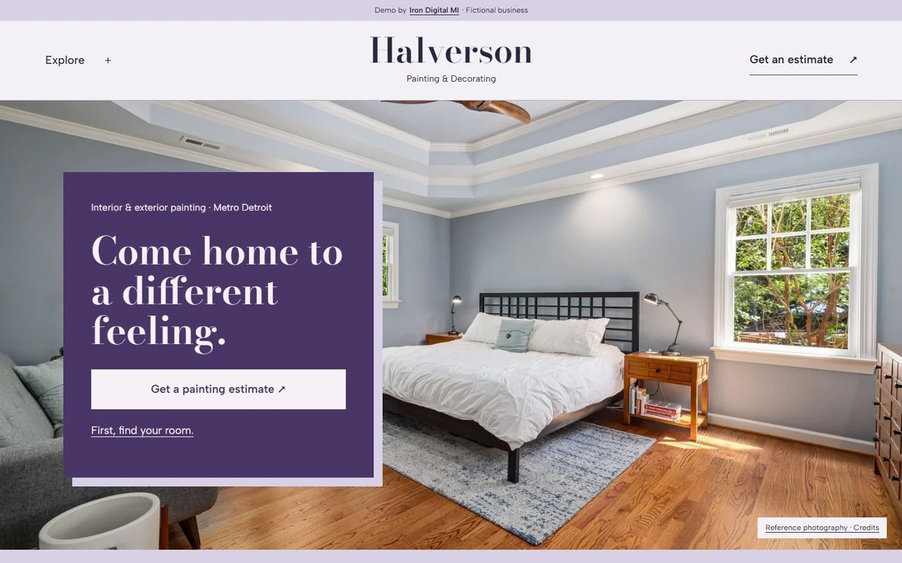 Halverson Painting & Decorating desktop homepage. The room leads the opening. The estimate action stays visible beside the centered studio identity.