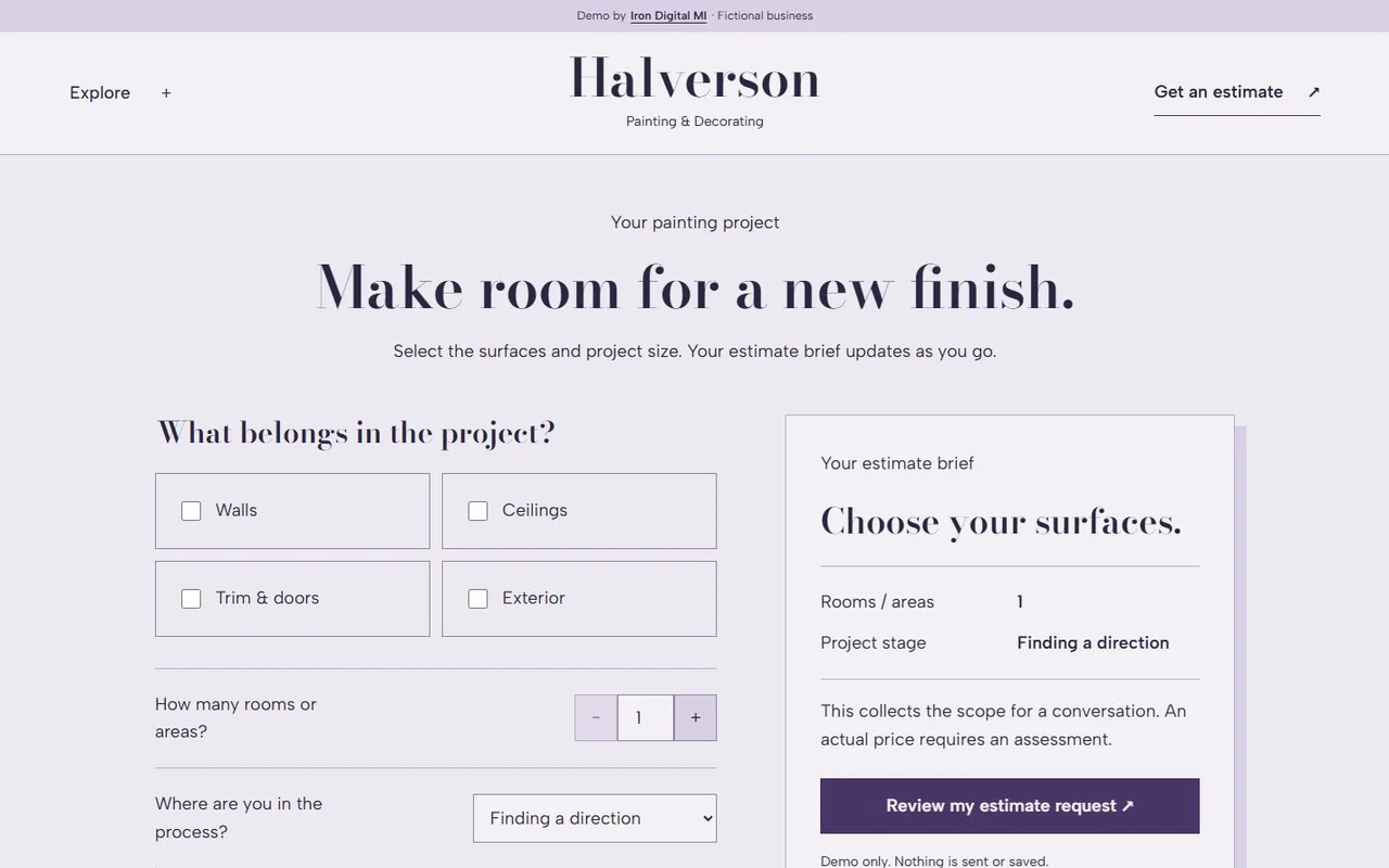Halverson Painting & Decorating workflow. Surface choices, room count, and planning stage feed a reviewable estimate brief.