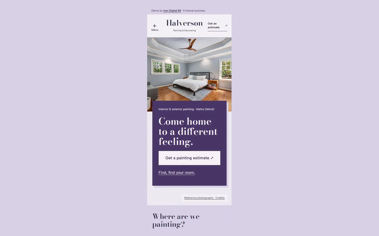 Halverson Painting & Decorating mobile homepage with its primary action.