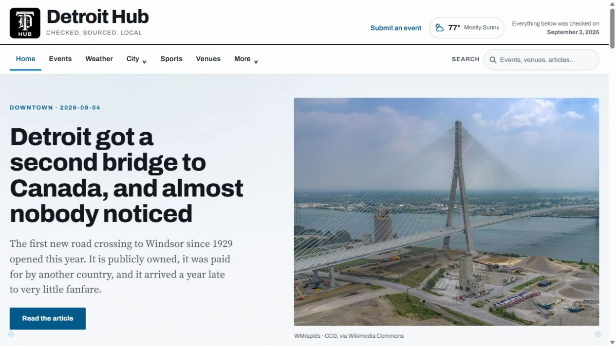 Detroit Hub homepage with the Gordie Howe bridge feature