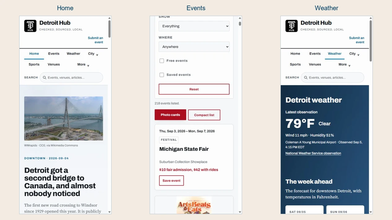 Detroit Hub mobile homepage, events and weather views