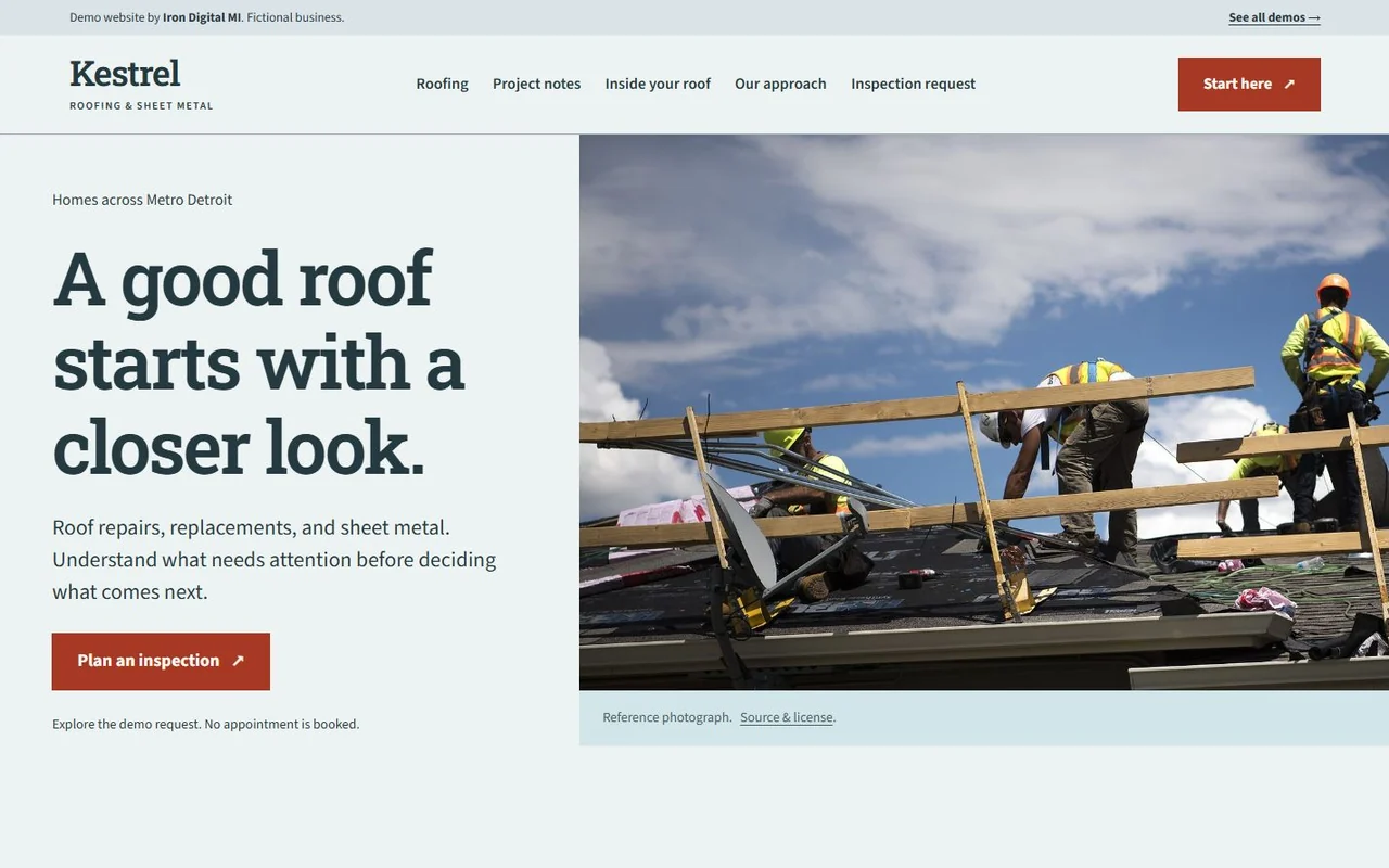 Kestrel Roofing homepage with roofing photography
