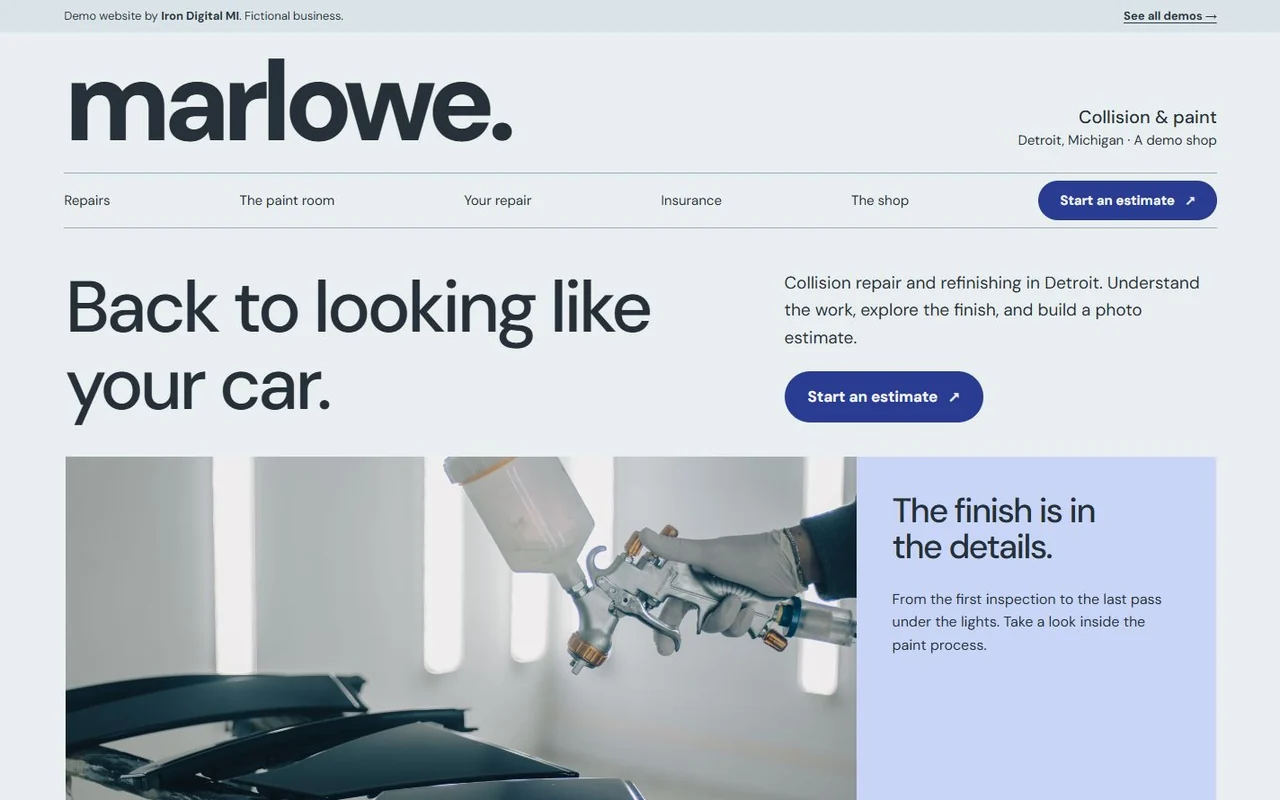 Marlowe Collision homepage and paint-shop photography