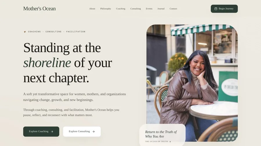 Mother’s Ocean homepage — standing at the shoreline of your next chapter
