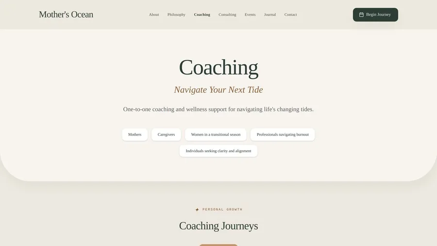 The coaching page, with tiers named Gentle Currents, Finding Your Flow and Ocean Depths
