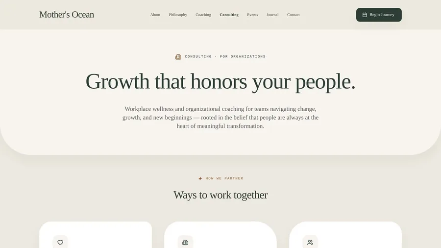 The consulting page for organizations — growth that honors your people