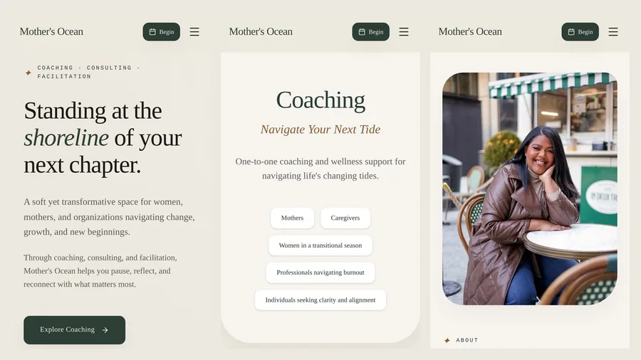 Mother’s Ocean on a phone: homepage, coaching and the about page