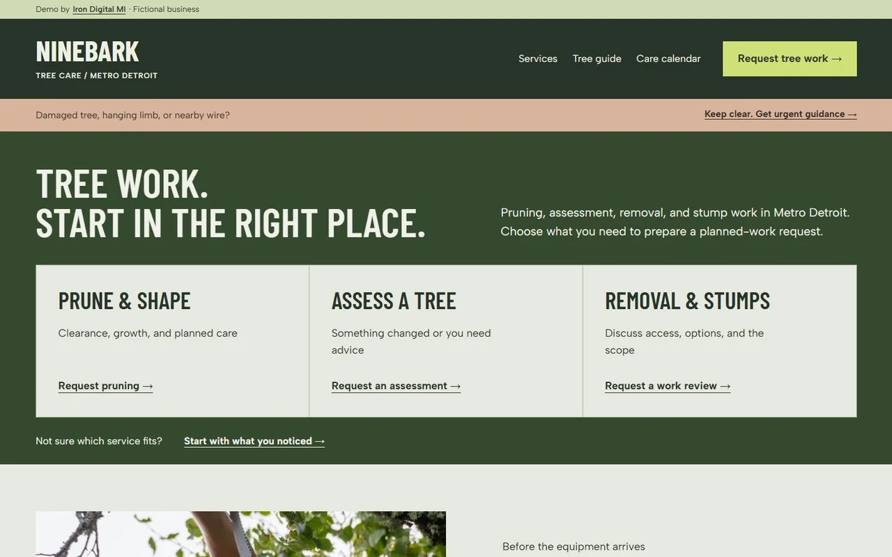Ninebark Tree Care desktop homepage. The homepage opens with service choices. A separate urgent-help strip stays outside the planned-work flow.