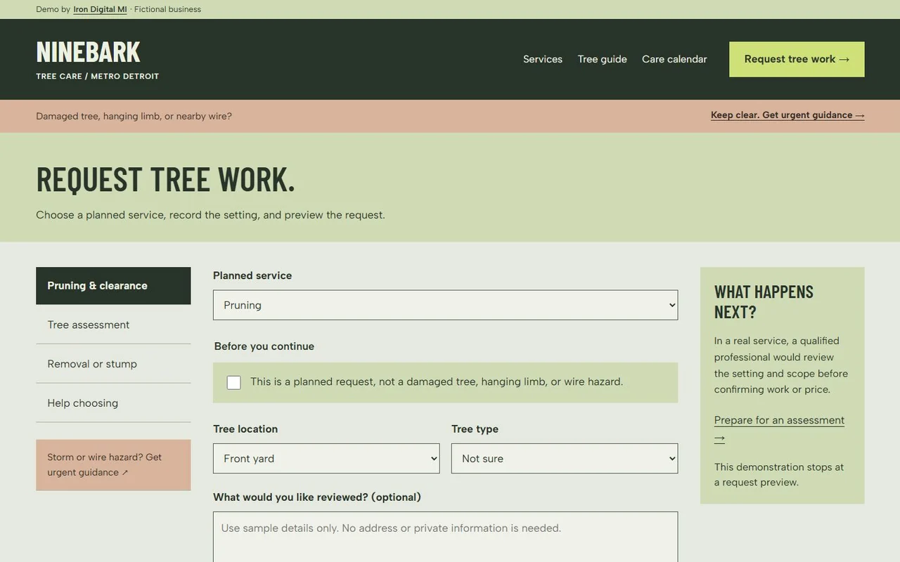 Ninebark Tree Care workflow. The work-request page combines a service selector, site details, and an explanation of the next step.