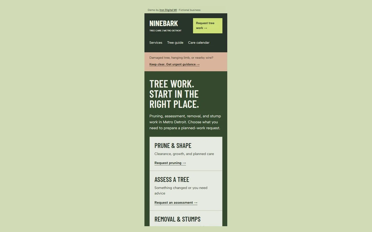 Ninebark Tree Care mobile homepage with its primary action.