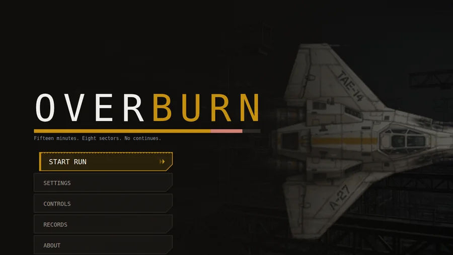 Overburn title screen, with the Skirmisher over the orbital yard