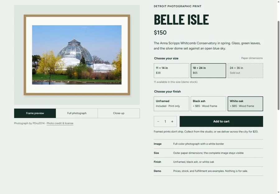 Pallister Press’s product page shows the photograph, size, frame options, price, and Add to cart action.