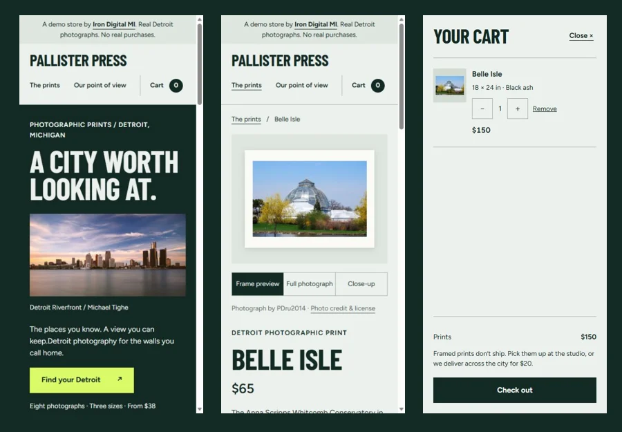 Mobile views of Pallister Press’s homepage, product options, and cart.