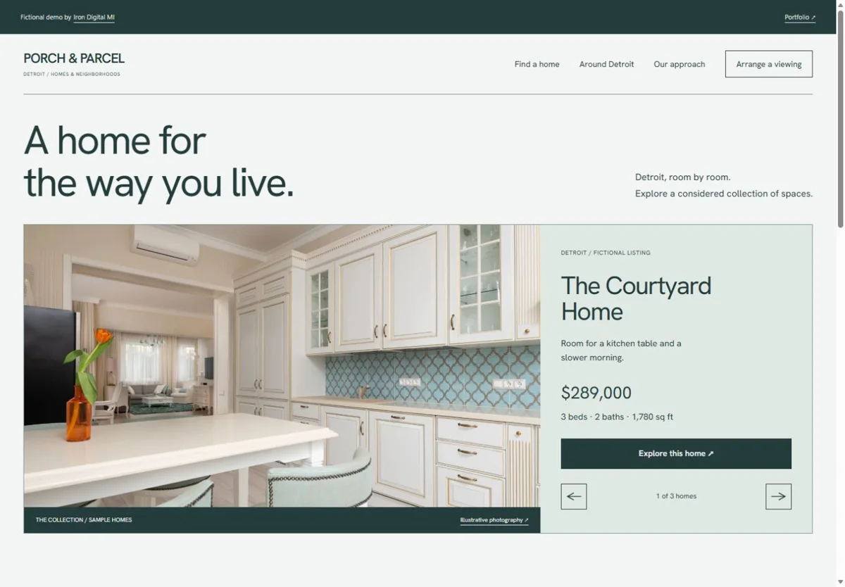 Porch & Parcel’s homepage combines a large property photograph, home facts, and a route to the listing.