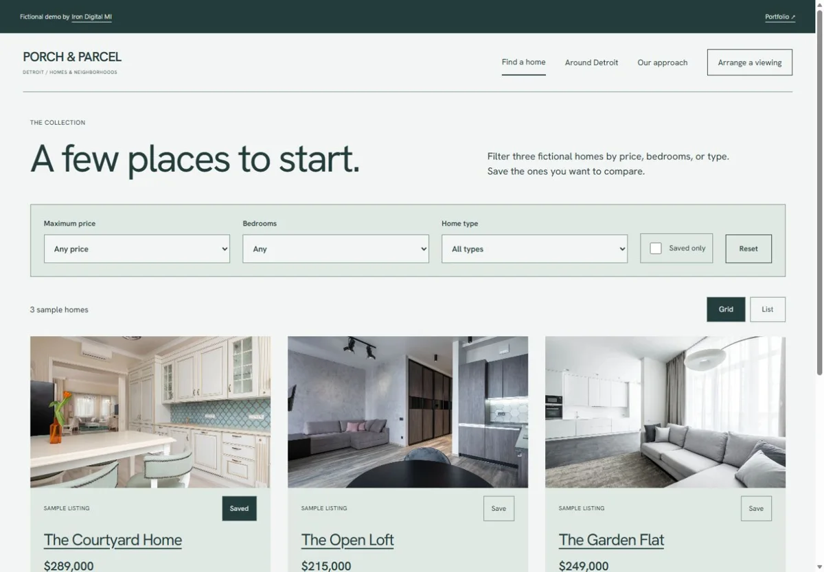 The listing collection exposes price, bedroom, and home-type filters alongside grid and list controls.